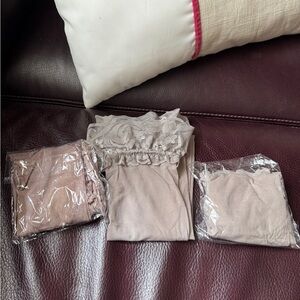 three Long lace stockings new, two grey one beige color
